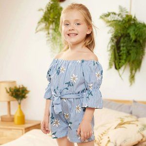 PatPat Summer Girls Toddler Floral Print Striped Off Shoulder 1 Piece Romper NWT